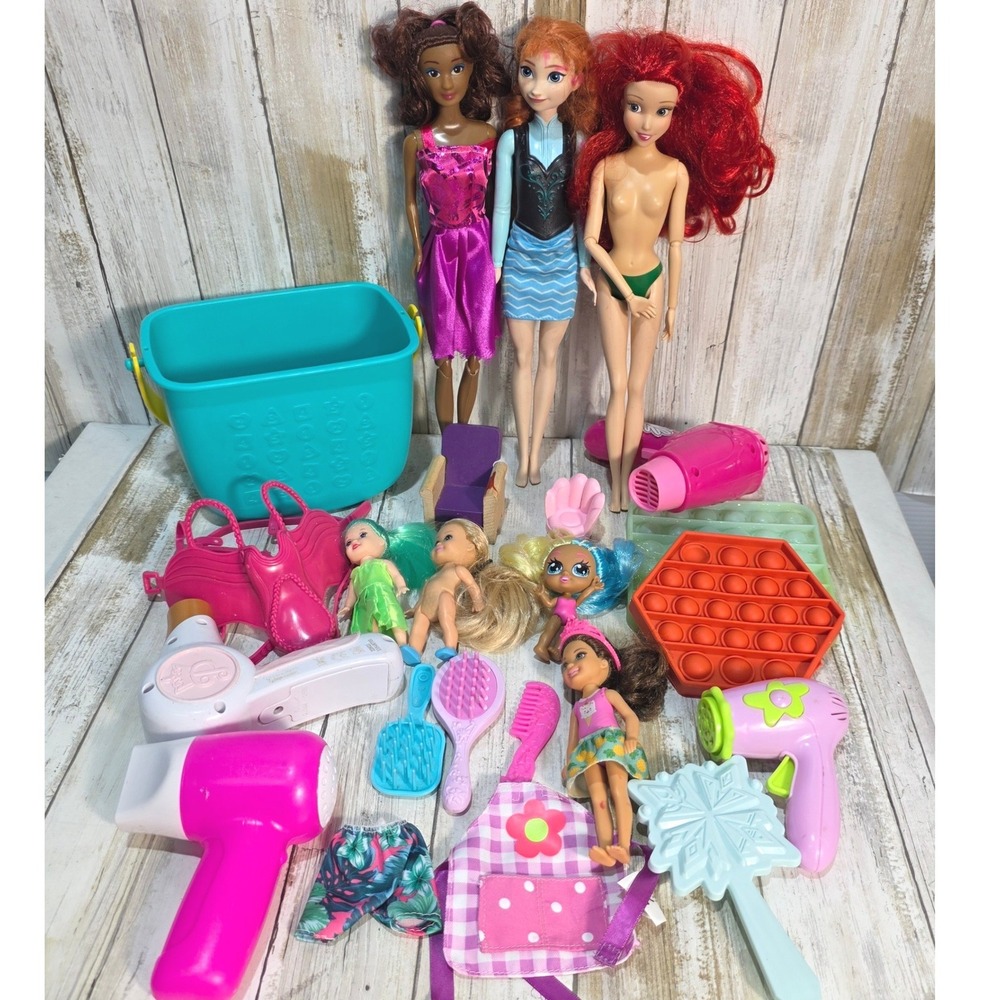Disney Princess Fashion Doll Lot 22pc Anna Ariel Salon Hair Accessories Bin